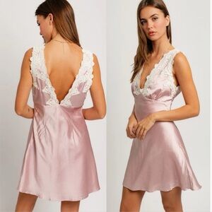 Le Lis Satin Lace-Trim Mini Dress in Blush Pink
